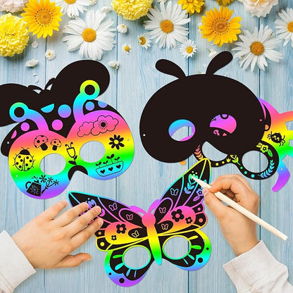 CY2SIDE 30PCS Insects Scratch Masks for Kids Spring Insects Color Scratch Masks for Kids Bugs Party Favors DIY Butterfly Bees Face Magic Art Rainbow Color Paper Craft Kits for Classroom Art Project