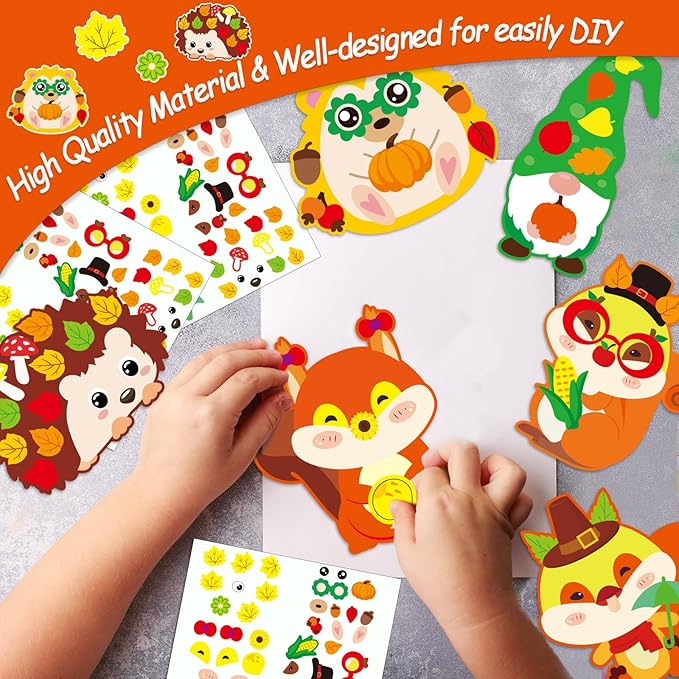 Qyeahkj 36 Sets Fall DIY Art Craft Kits Hedgehog Squirrel Ornaments Art Sets Fall Leaf Stickers Arts and Crafts Bulk for Kids Thanksgiving Classroom Activities Party Decorations