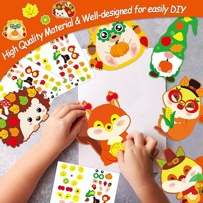 Qyeahkj 36 Sets Fall DIY Art Craft Kits Hedgehog Squirrel Ornaments Art Sets Fall Leaf Stickers Arts and Crafts Bulk for Kids Thanksgiving Classroom Activities Party Decorations