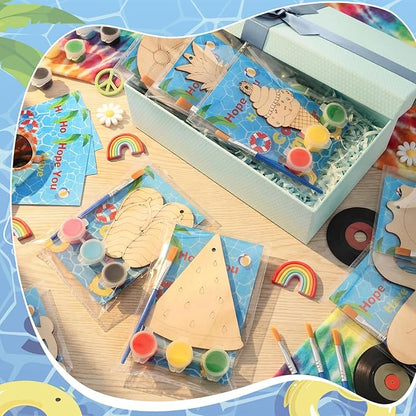 Saypacck 24 Pcs Summer Beach Party Favors Wooden Painting Craft Kits Birthday Party Supplies with Organza Bag for Goodie Bags Fillers Adult Thank You Gifts