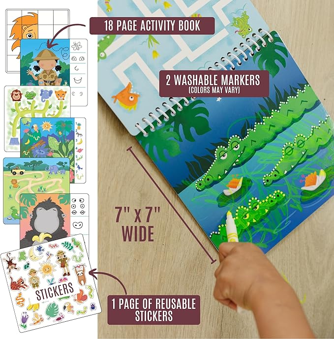 Kids Small Size Travel Educational Activity Book with Washable Markers (7"x7") - Car and Airplane Activities, Learning Toys for Toddlers - Search and Find, Reusable Stickers for Ages 4, 5, 6 (Jungle)