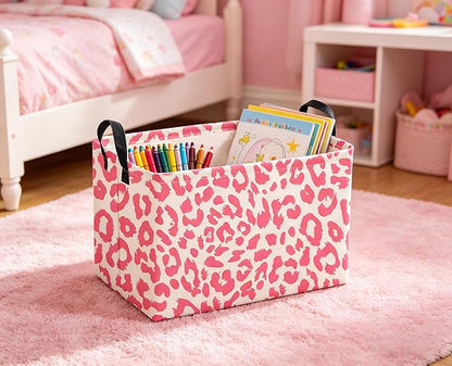 Sanjiaofeng Rectangular Kids Baskets,Leopard Print Basket,Pink Storage Basket with Handles,Waterproof Collapsible Storage Bin for Kids,Kid Room Decor,Books Box,Gift Basket(Leopard Print)