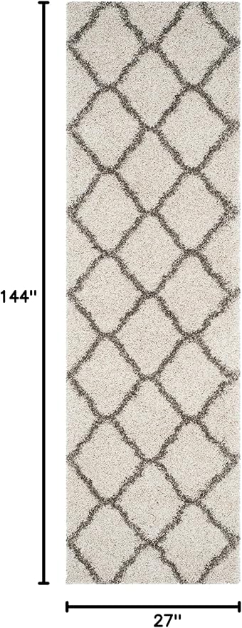 SAFAVIEH Hudson Shag Collection Runner Rug - 2'3" x 12', Ivory & Grey, Moroccan Trellis Design, Non-Shedding & Easy Care, 2-inch Thick Ideal for High Traffic Areas in Living Room, Bedroom (SGH283A)