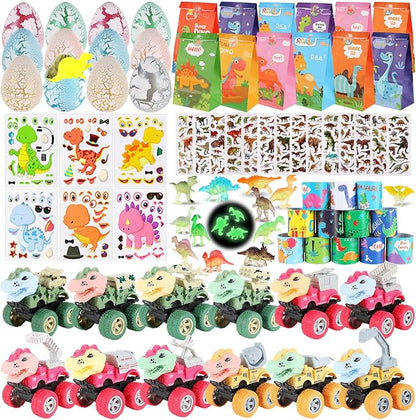 LiYiQ 84 Pcs Dinosaur Party Favors included Mini Hatching Dinosaur Eggs Mini Dinosaur Pull Back Cars Slap Bracelets Make Your Own Dinosaur Stickers and Gifts Bags for Dinosaur Birthday Party Supplies
