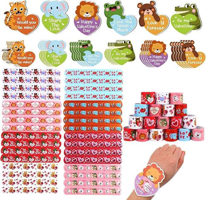 FOIMAS Valentine's Day Slap Bracelet Set,32pcs Animal Heart Snap Bracelet Wristband and 36pcs Gift Cards for Kids School Classroom Gift Exchange Party Favor Supply