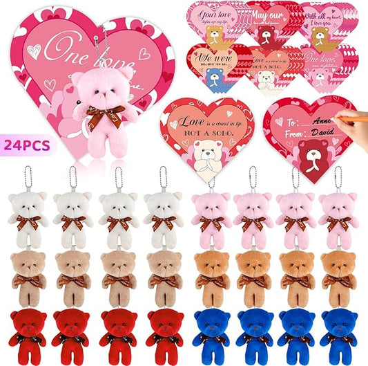 Valentines Day Gifts for Kids Classroom Party Favors Valentines Cards with Mini Teddy Bears Plush Toys Stuffed Animals Keychain Valentine Gift Exchange School Game Prize for Boys Girls 24 Pack