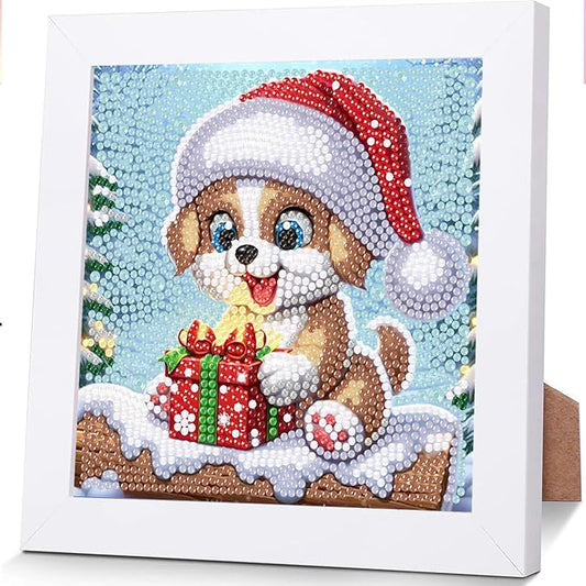 Christmas Diamond Art for Kids with Frame-Dog Kids Diamond Painting Kits,Animal Diamond Painting Kits for Kids 8-12 Full Drill Gem Art for Home Decor 7x7inch