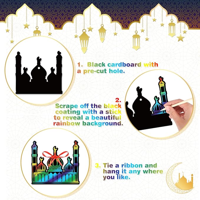 HOWAF 36pcs Ramadan Mubarak Scratch Paper Art Kit, Eid Mubarak Rainbow Scratch Off Cards for Eid Holiday Activity School DIY Drawing Project Supplies, Ramadan Kareem Paper Scratch Pad for Kids