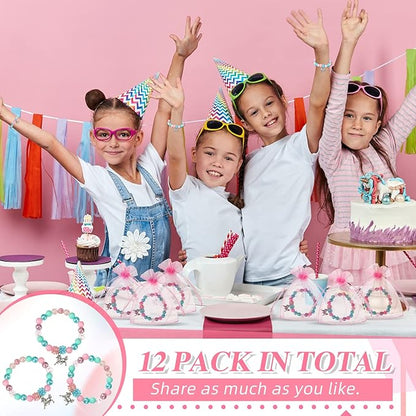 12 Pieces Horse Party Favors Bracelet for Girls Gifts 6 Inch Horse Beaded Bracelet with 12 Small Drawstring Gift Bags Pink Mesh Bags Kids Bracelet for Christmas Wedding Baby Shower Party Supplies