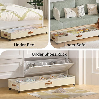 Yecaye Under Bed Storage with Wheels, 2 Pack Under Bed Storage Containers with Adjustable Dividers & Clear Window, 85L Rolling Underbed Organizer Bins Drawers for Clothes, Shoes, Blankets Toys, Beige