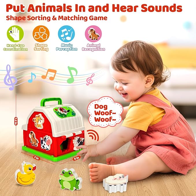 Montessori Toys for 1 2 3 Year Old Boys Girls, Musical Barn Farm Animal set for Toddler, Shape Sorting Educational Toy for Baby 12-18 Month, Learning Fine Motor Skills, Christmas Birthday Easter Gifts