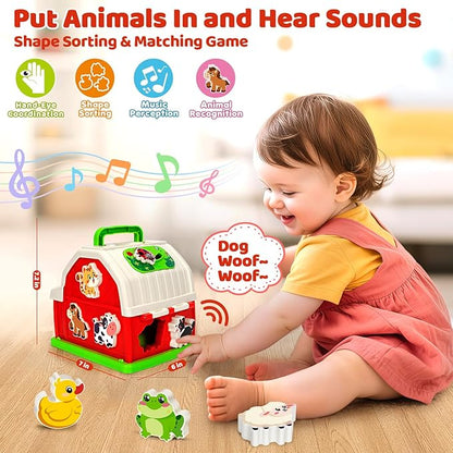 Montessori Toys for 1 2 3 Year Old Boys Girls, Musical Barn Farm Animal set for Toddler, Shape Sorting Educational Toy for Baby 12-18 Month, Learning Fine Motor Skills, Christmas Birthday Easter Gifts