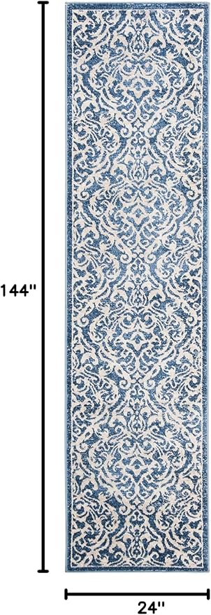 SAFAVIEH Brentwood Collection 2' x 12' Navy / Cream BNT810N Damask Non-Shedding Living Room Bedroom Runner Rug