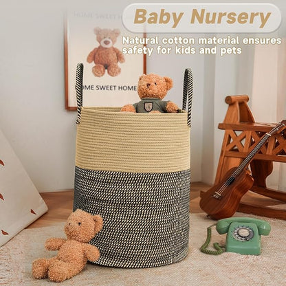 JMvicyroam Large Woven Laundry Basket Hamper,80L Cotton Rope Storage Bin for Blankets,Toys and Clothes,Decorative Tall Nursery Hamper for Living Room,Baby Nursery,Bathroom and Bedroom,Brown and Black
