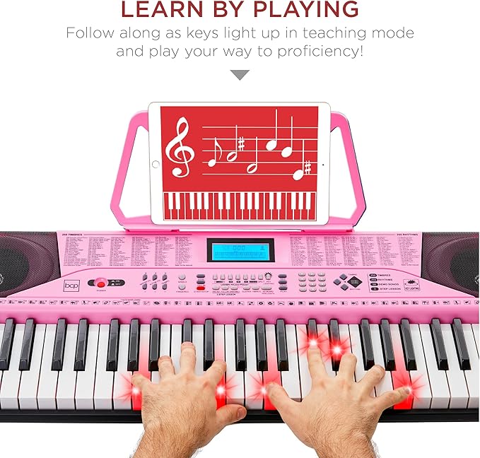 Best Choice Products 61-Key Beginners Complete Electronic Keyboard Piano Set w/Lighted Keys, LCD Screen, Headphones, Stand, Bench, Teaching Modes, Note Stickers, Built-In Speakers - Pink