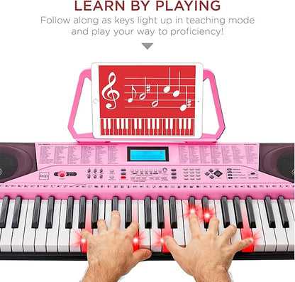 Best Choice Products 61-Key Beginners Complete Electronic Keyboard Piano Set w/Lighted Keys, LCD Screen, Headphones, Stand, Bench, Teaching Modes, Note Stickers, Built-In Speakers - Pink