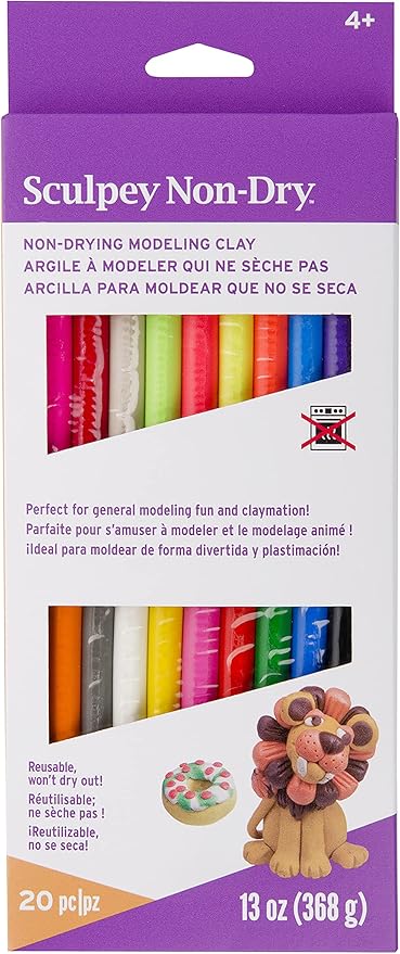 Sculpey Non-Dry Resuable, non drying clay; 20 assorted colors, 13 oz of clay, variety pack. Great for claymation and general modeling. Ages 4 and up