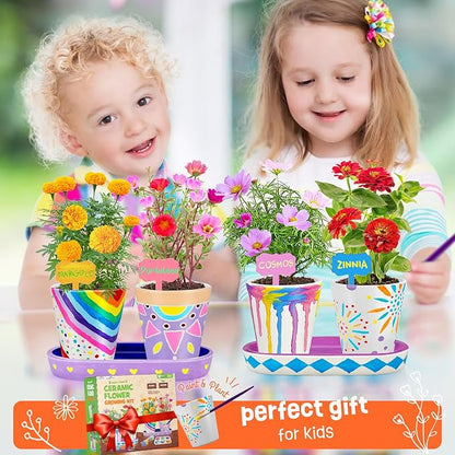 4 Set Paint & Plant Flower Gardening Kit - Gifts for Girls Ages 8-12, Arts and Crafts for Kids Ages 8-12, Kids Gardening Set, Birthday Toys Easter Gifts for Girls Boys Ages 4 5 6 7 8 9 10 11 12