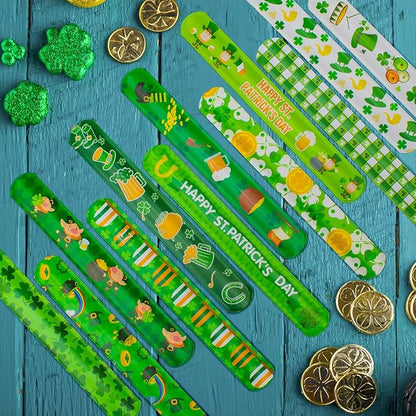 48pcs St. Patrick's Day Slap Bracelets, Lucky Shamrock Kids Snap Wristbands Toys for Irish St. Patty Party Supply