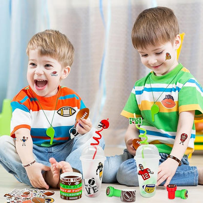 146 Pcs Football Party Favors, Sports Party Supplies with Cup Straw Football Keychain Tattoo Sticker Slap Bracelet Whistle Treat Bag Gifts for Classroom Rewards Football Birthday Party (Football)