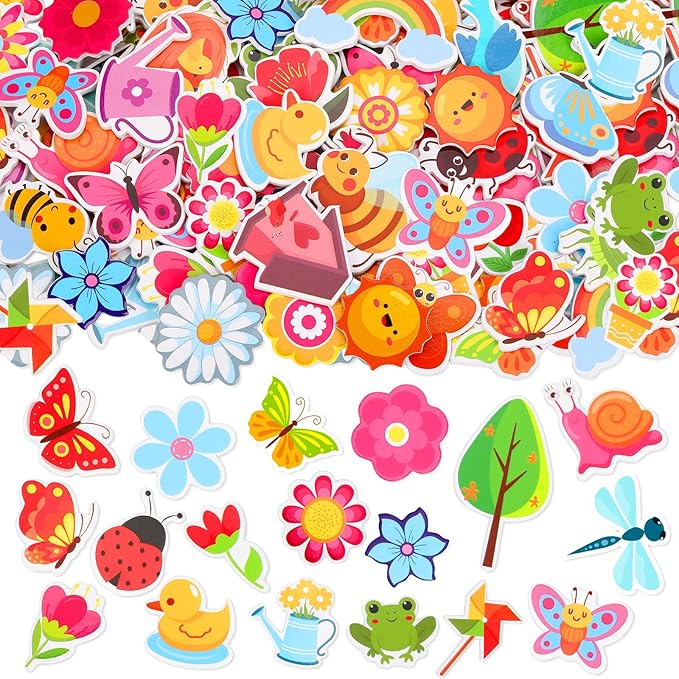 JULBEAR 300 Pieces Spring Foam Stickers Self-Adhesive Cartoon Flower Butterfly Garden Foam Stickers for Kids Spring Theme Party Favors Decoration Classroom School Activity Cards DIY Arts Crafts