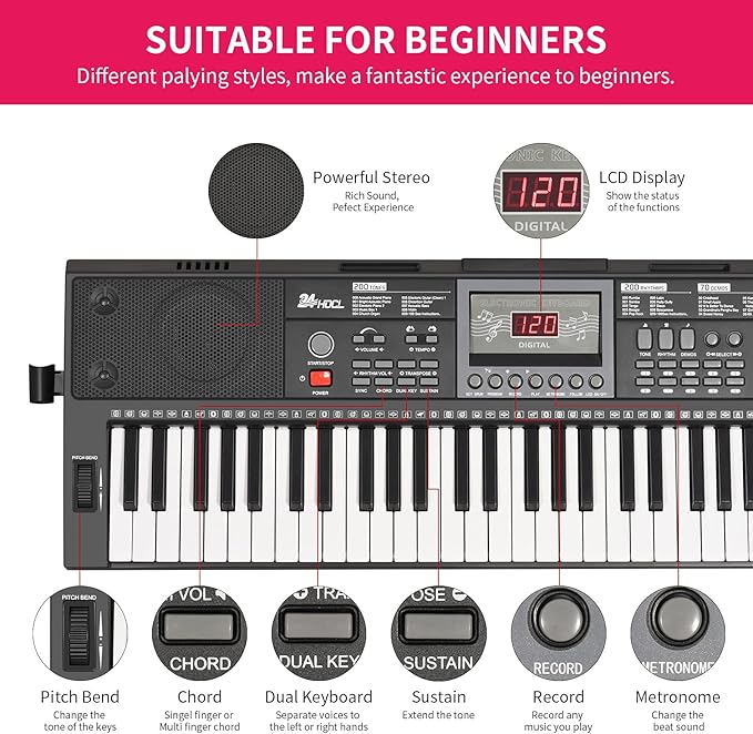 Kids Keyboard 61 Keys, Beginner Electronic Piano with One-Key Teaching 100 Tones & Rhythms, Portable Music Keyboard for Children with Microphone, Music Stand [Black, Piano with Stand]