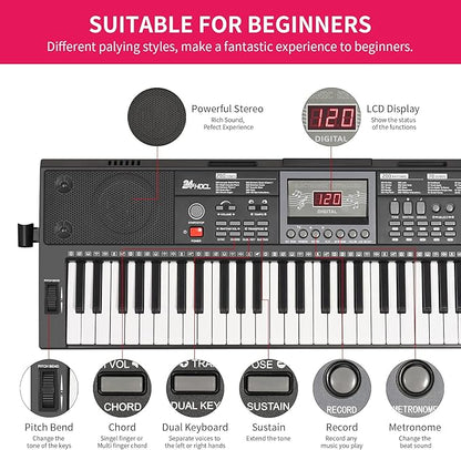Kids Keyboard 61 Keys, Beginner Electronic Piano with One-Key Teaching 100 Tones & Rhythms, Portable Music Keyboard for Children with Microphone, Music Stand [Black, Piano with Stand]
