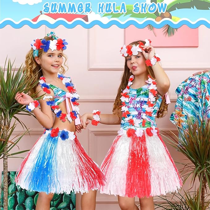 Fortuning's JDS Hawaiian Hula Grass Skirt for Girls Elastic Flower Costume Outfits for Summer Luau Beach Party Decor