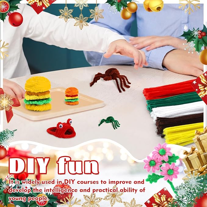 LOKUNN Pipe Cleaners, 200 Pcs White Pipe Cleaners Craft Set, Solid Color Chenille Stems, DIY Arts and Crafts with Adhesive Eyes and Storage Box, Christmas Halloween Decoration Art Supplies