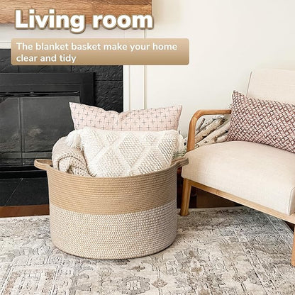 Goodpick Large Woven Storage Basket 21.7x13.8 Inch, White & Jute Laundry Hamper with Handles for Clothes, Blankets, Pillows, Blanket Basket for Living Room, Bedroom