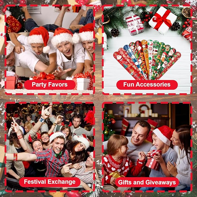 48 Pieces Christmas Slap Bracelets Bulk Party Favors for Kids - 12 Designs Festive Snap Bands, Holiday Goodie Bag Xmas Stocking Fillers, Classroom Prizes Accessories, Wrist Decorations Gifts Supplies
