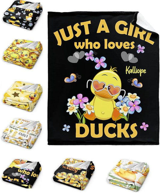 Custom Name Just a Girl loves Duck Adult duck Blanket Kids Funny Blanket Suitable for Bedroom bed sofa Crib Couch Chair outdoor All Season Items That Yellow Duck Lovers Will Love 60"x50"for Teens