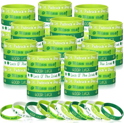 Quelay St. Patrick's Day Rubber Bracelets Irish Silicone Wristbands for St. Patrick's Day White Green Shamrock Rubber Bracelet Bangle for Party Accessories Favors Gifts Supplies