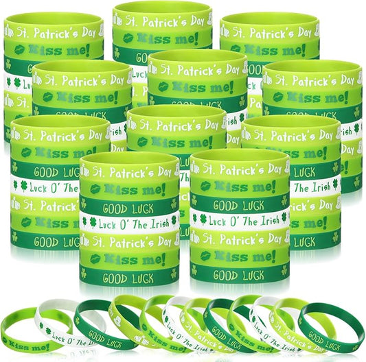 Quelay St. Patrick's Day Rubber Bracelets Irish Silicone Wristbands for St. Patrick's Day White Green Shamrock Rubber Bracelet Bangle for Party Accessories Favors Gifts Supplies
