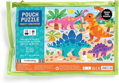 Mudpuppy Mighty Dinosaurs – 12 Piece Puzzle with Reusable Zipper Pouch Featuring Colorful and Fun Illustrations of Prehistoric Dinosaurs Perfect for Easy Storage and Travel