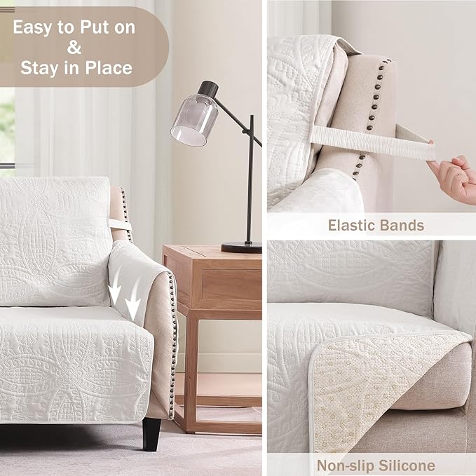 Quilted Sofa Slipcovers with Pockets, Anti-Slip Medallion Designed Couch Covers for 3 Cushion Sofa, Couch Cover for Dogs Cats Water-Repellent Machine Washable (Large Sofa 68", White)