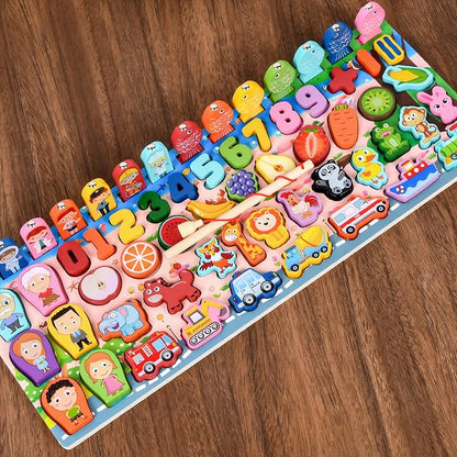 Wooden alphanumeric Shapes Jigsaw Ring Count Classification Toys Math Shapes Building Blocks Toddler Learning Playboard Math Fishing Educational Toys Montessori Educational Toys (color2)