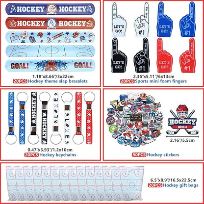 130PCS Hockey Party Favors - Incliding Hockey Keychains, Ice Hockey Gift Bags, Slap Bracelets, Hockey Stickers, Sports Mini Foam Fingers for Boys Fans Sports Hockey Birthday Party Supplies