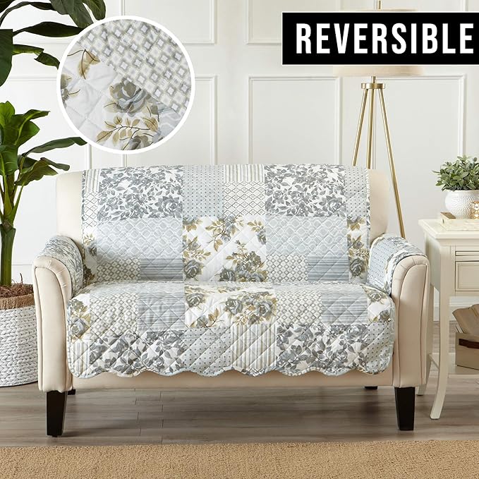 Patchwork Scalloped Printed Furniture Protector Stain Resistant Loveseat Cover (Loveseat, Grey)
