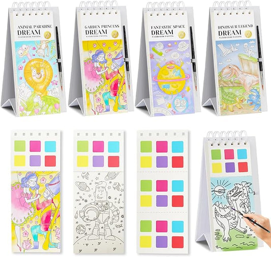 Riomh 4 Pack Watercolor Painting Books Set for Kids Ages 3-5, Water Painting Easel Book Comes with Brush,Toddler Painting Activities Ages 2-4, Art Craft Gift for Drawing
