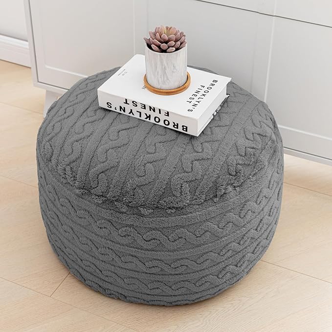 Round Stuffed Pouf Ottoman 20x20x12 Inches Plush Fiber Ottoman Foot Rest Under Desk Foot Stool Great for Living Room Bedroom Small Furniture (Gray Pouf with Filler)