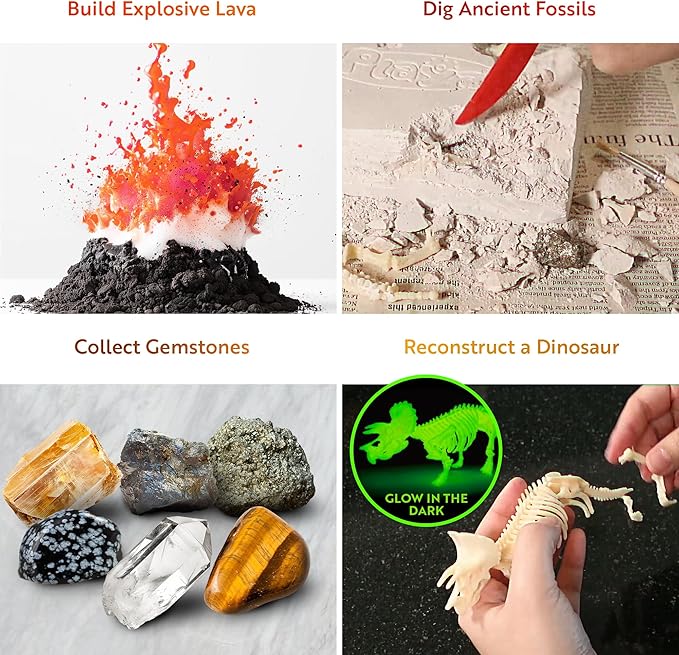 Playz Dinosaur Fossil Digging Kit for Kids, Gemstone Dig Kit & Volcano Science Kit - 46+ Fun Geographic Experiments, STEM Dinosaur Toys Excavation Kit for Kids Ages 8-12+ Years Old, Boys & Girls