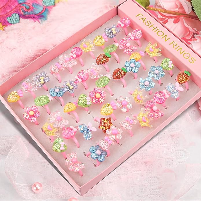 Little Girl Jewel Rings, Adjustable Pink Rings Girls Kids Pretend Play and Dress up Jewelry Set, Cute Rings with Display Case Party Favors Toys Gifts