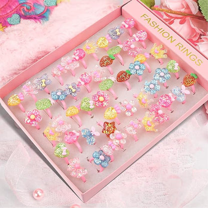 Little Girl Jewel Rings, Adjustable Pink Rings Girls Kids Pretend Play and Dress up Jewelry Set, Cute Rings with Display Case Party Favors Toys Gifts