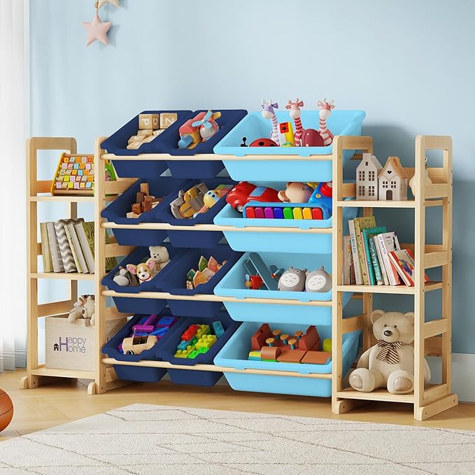 EXPERLAM Extra Large Toy Storage - Toy Storage Organizer, Wooden Toy Organizer with 6 Side Shelves and 12 Bins, 3-in-1 Bookshelf for Kids Rooms, Bedroom, Playroom, Nursery, Blue