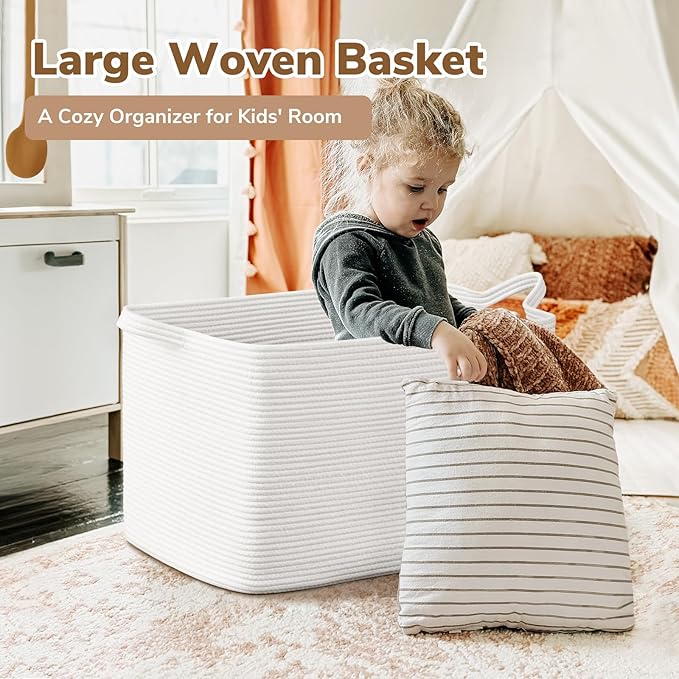 Goodpick 85L Large Woven Blanket Basket 23.6" x 15.7" x 13.8" Cotton Rope Storage Baskets for Organizing, Soft Dirty Clothes Basket for Bedroom Bathroom, Toy Baskets Storage Kids, White