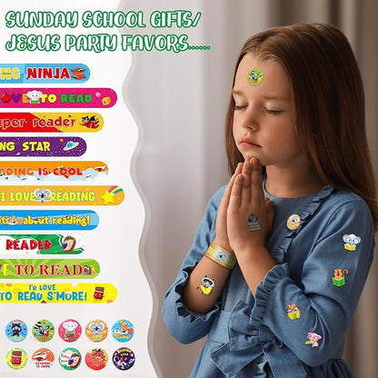 Frienda 65 Pcs Reading Gifts Bulk Love to Read Slap Bracelets Party Favors Inspirational Reading Stickers Pins Badge for Students Rewards Boys and Girls Sunday School Book Party Favor Supplies