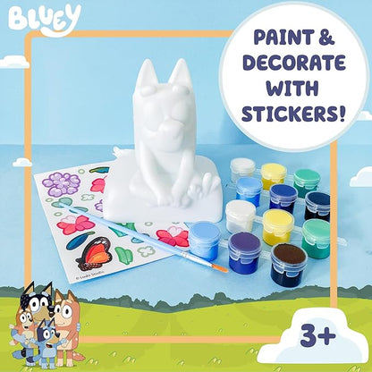 Bluey Paint Your Own Bank, Includes 6 Paints, Stickers, Vinyl Bank, Piggy Bank for Kids, Themed Piggy Bank, Great Gift Birthday Party, Toy Figures, Paintable Bluey Toys, Bluey Toys for Toddlers 1-3