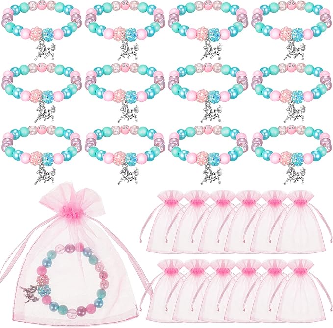 12 Pieces Horse Party Favors Bracelet for Girls Gifts 6 Inch Horse Beaded Bracelet with 12 Small Drawstring Gift Bags Pink Mesh Bags Kids Bracelet for Christmas Wedding Baby Shower Party Supplies