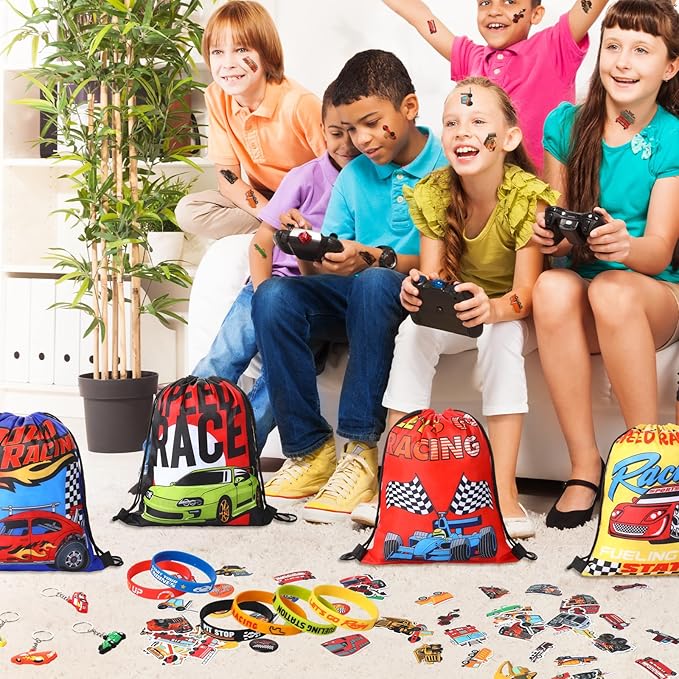 Sadnyy 140 Pcs Race Car Party Favors Birthday Party Decorations Supplies Drawstring Bags with Silicone Bracelets Keychains Straws Button Pins Stickers for Classroom Rewards Goodie Bags Stuffers